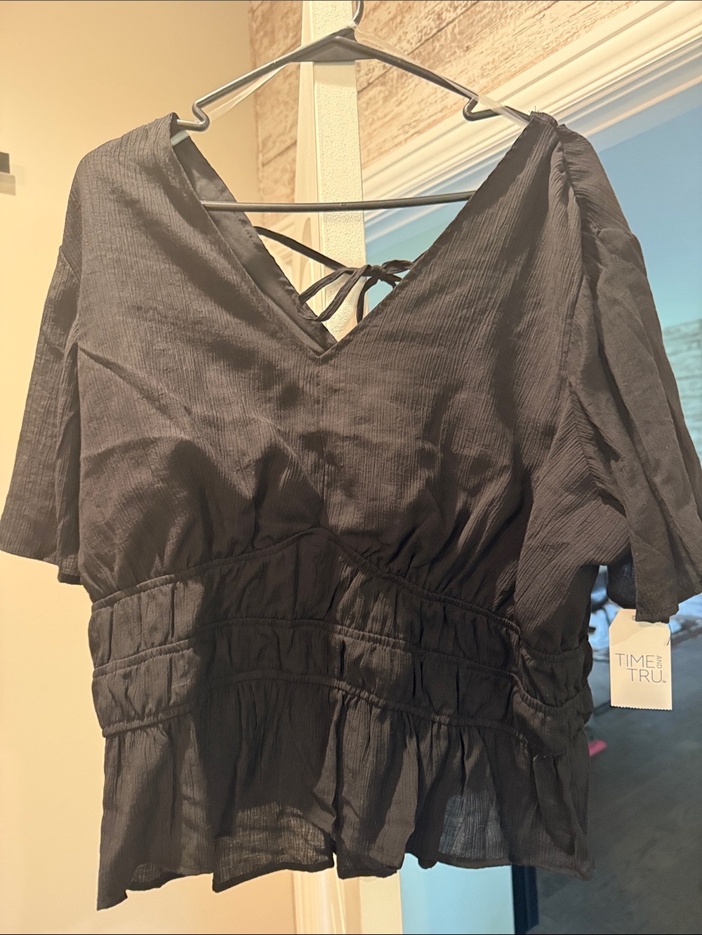 Time and Tru Black V-Neck Tie-Back Peplum Top
